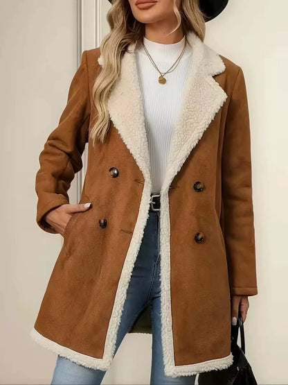 Double-Breasted Suede Outerwear by Trendsi
