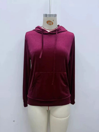 Full Size Velvet Kangaroo Pocket Hoodie Plus Size by Trendsi