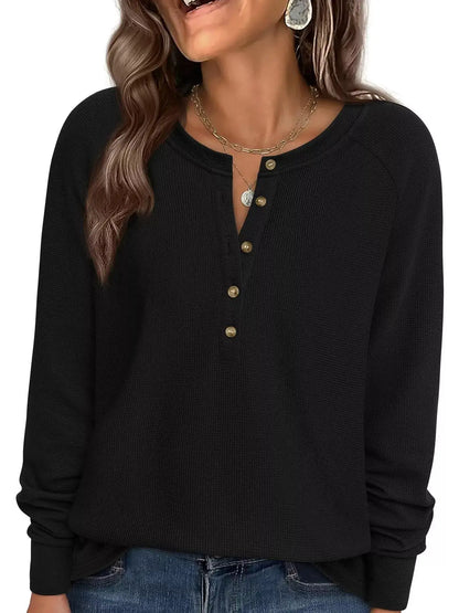 Waffle Knit Henley Long Sleeve T-Shirt by Trendsi