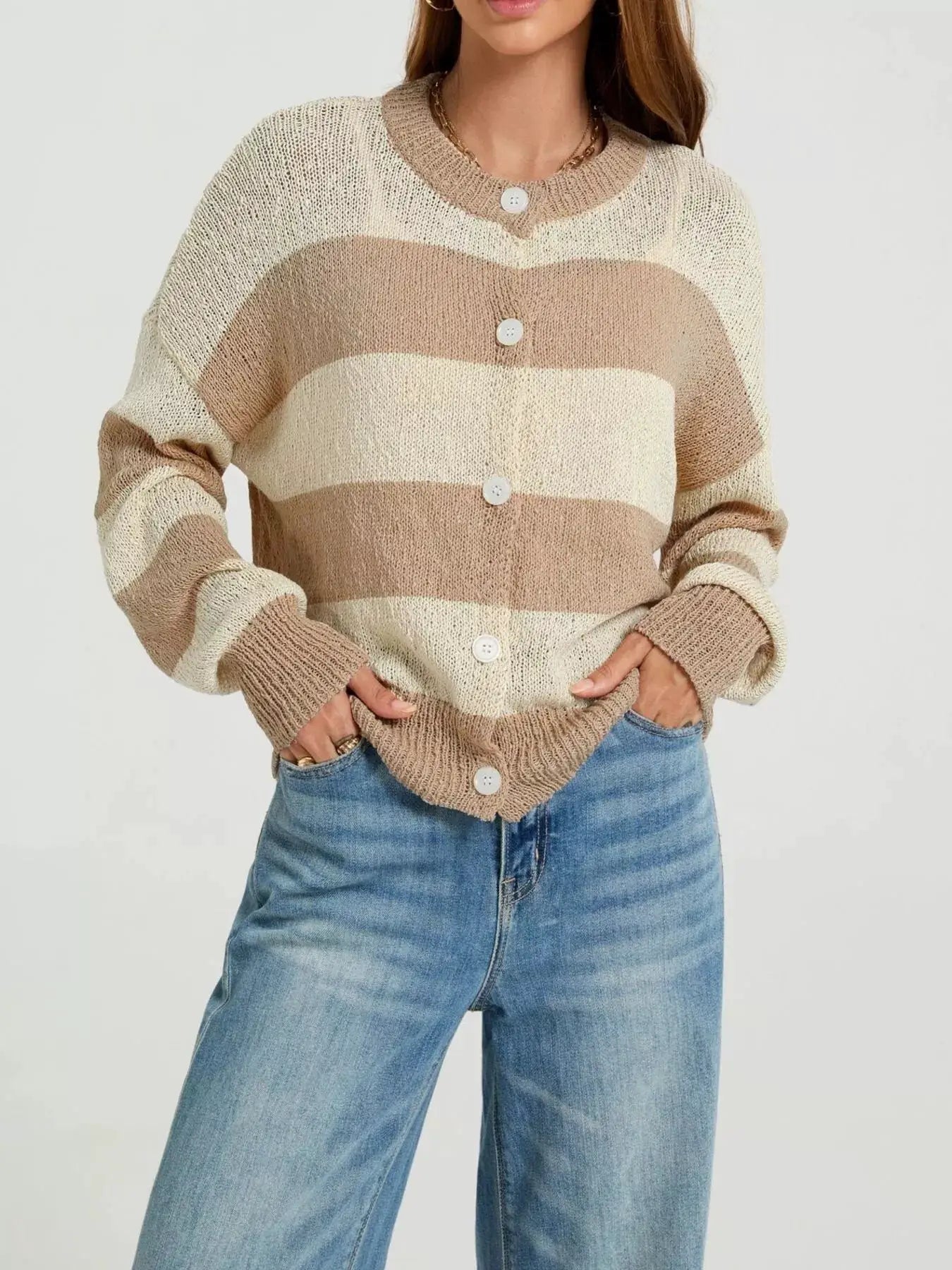 Casual Striped Button-Down Knit Cardigan by Trendsi