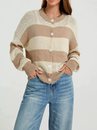 Casual Striped Button-Down Knit Cardigan by Trendsi