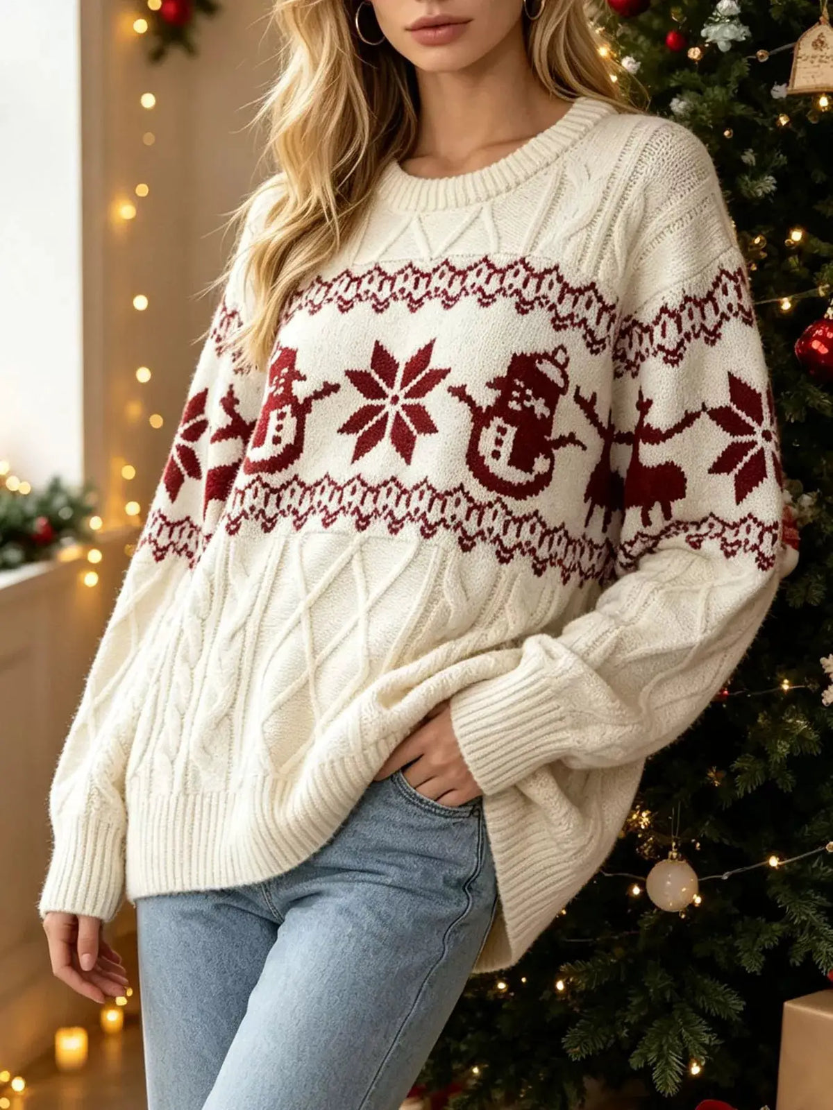 Christmas Snowman Pattern Cable Knit Sweater by Trendsi