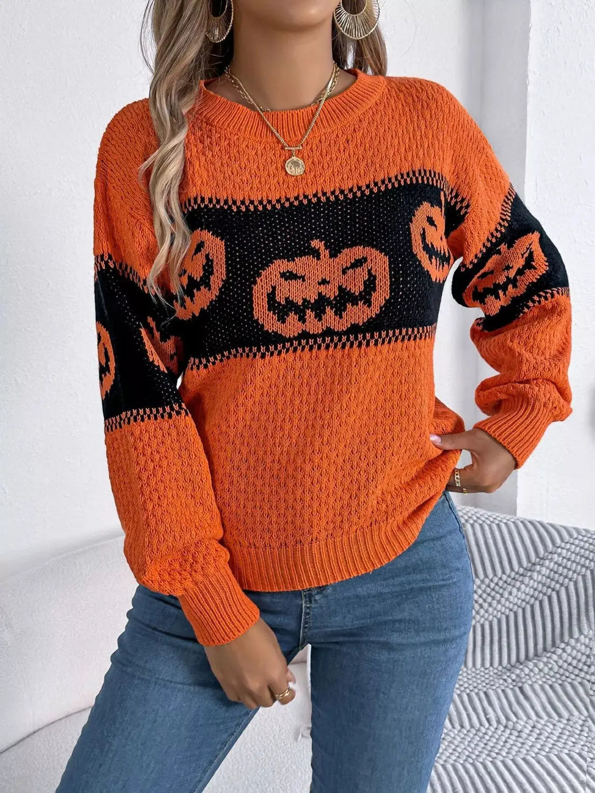 Halloween Pumpkin Pattern Round Neck Sweater by Trendsi