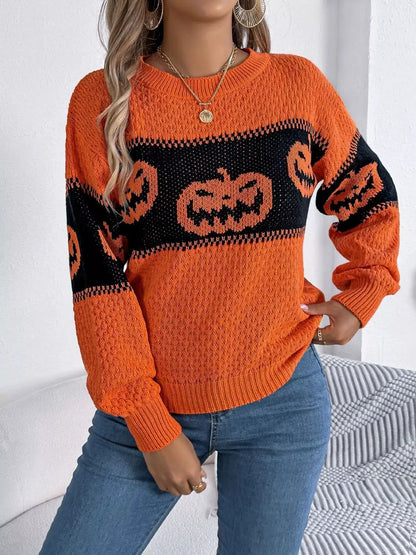 Halloween Pumpkin Pattern Round Neck Sweater by Trendsi