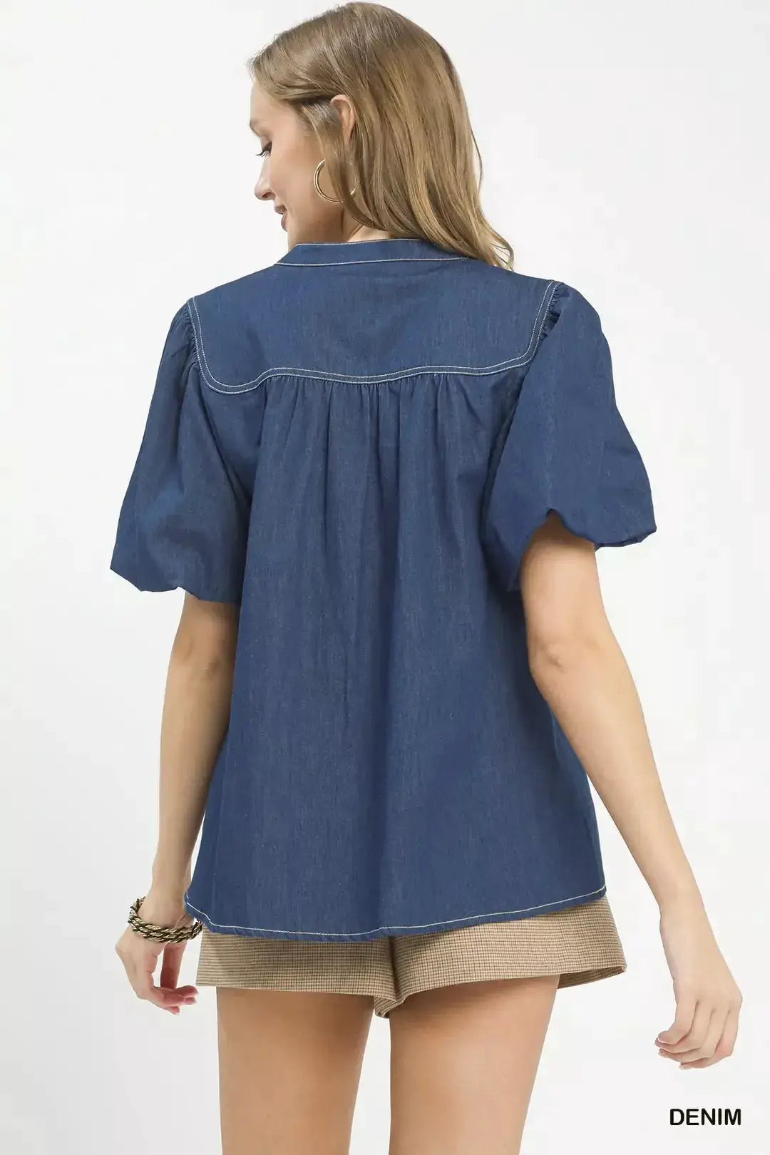 Umgee Denim Button Front Puff Sleeve Boho Blouse by Trendsi