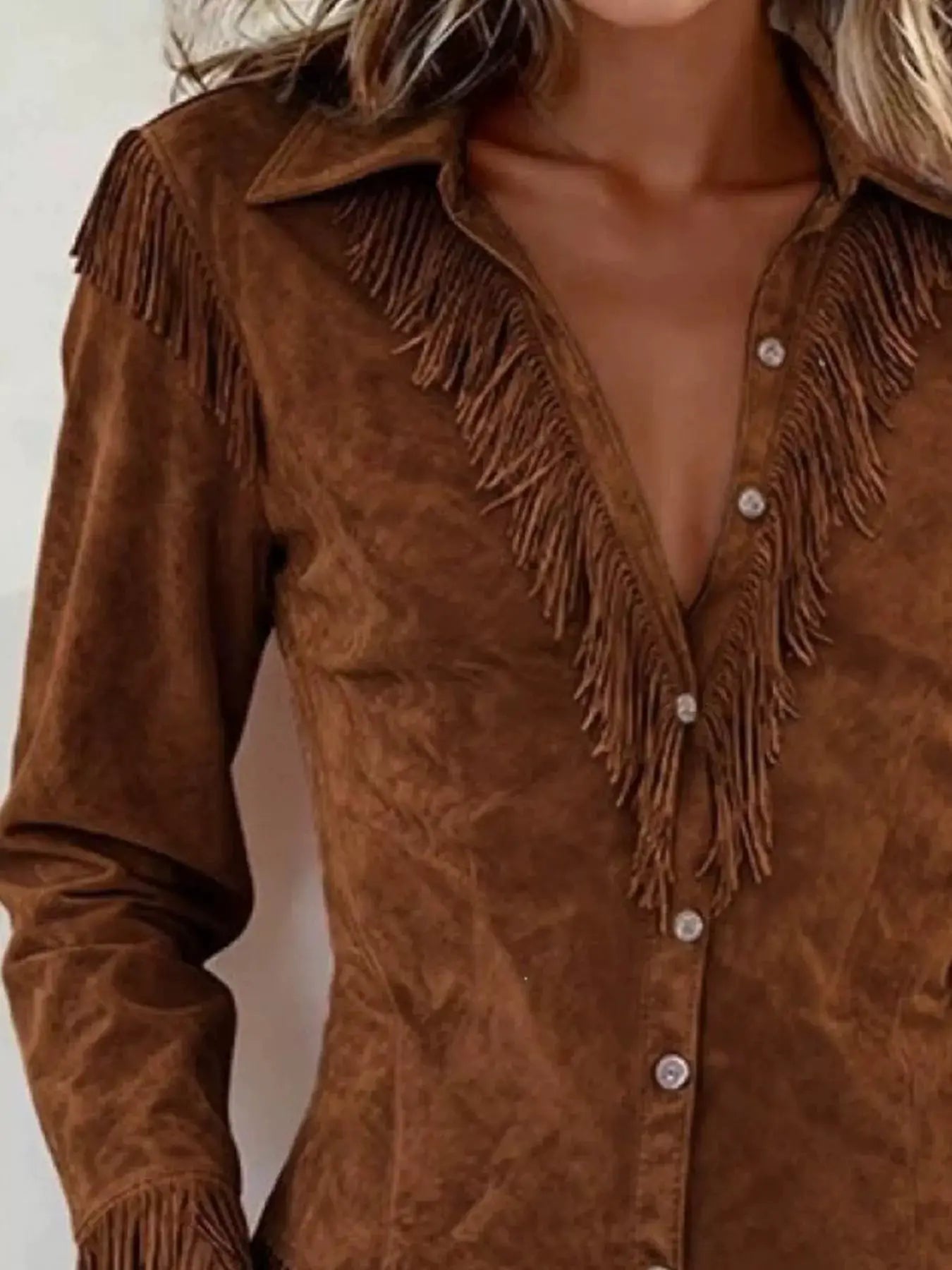 Fringed Button Up Long Sleeve Shirt by Trendsi