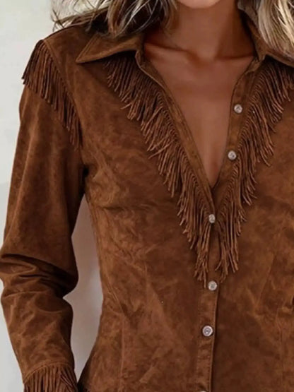 Fringed Button Up Long Sleeve Shirt by Trendsi