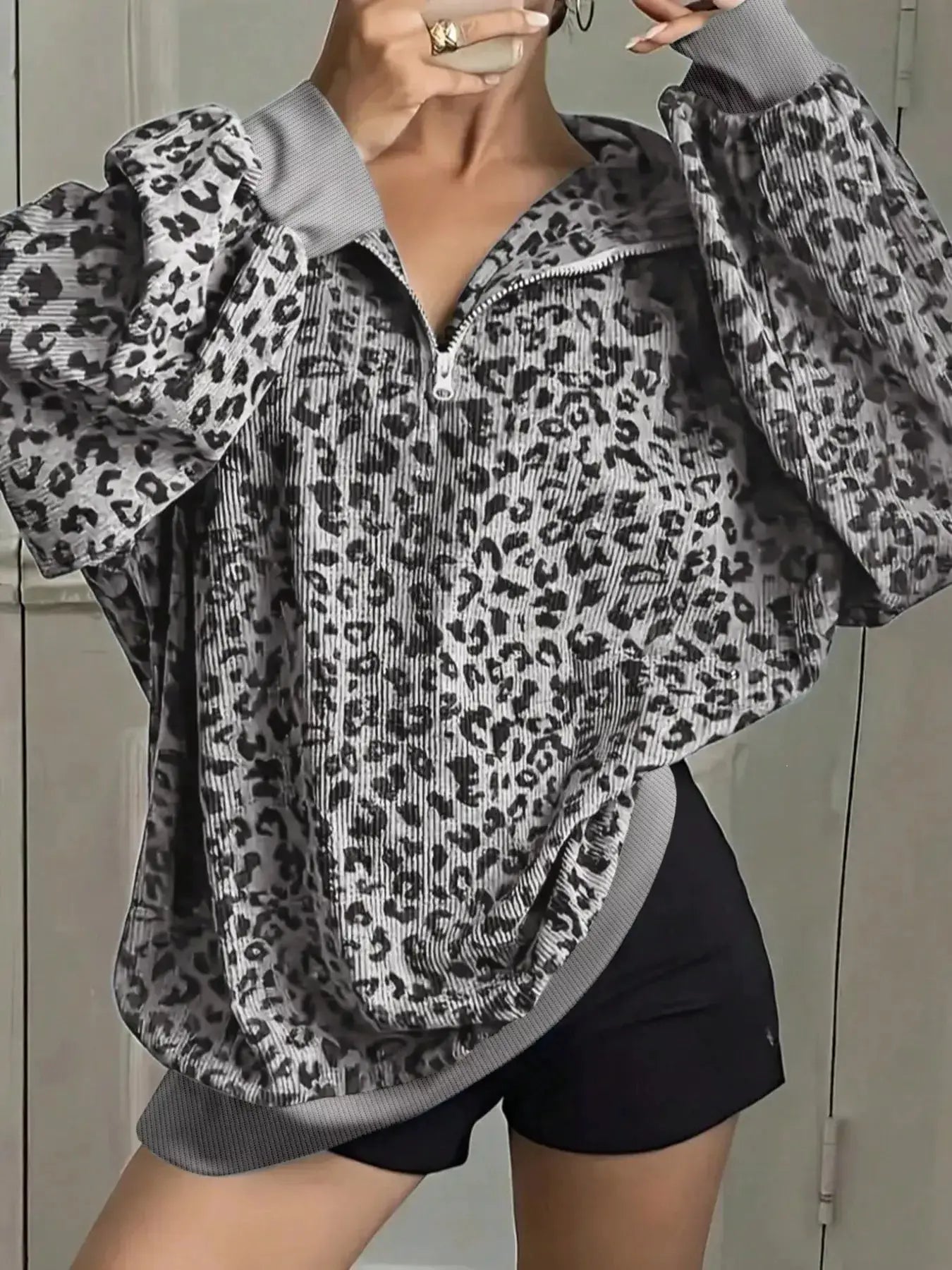 Leopard Print Quarter-Zip Sweatshirt by Trendsi