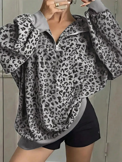 Leopard Print Quarter-Zip Sweatshirt by Trendsi