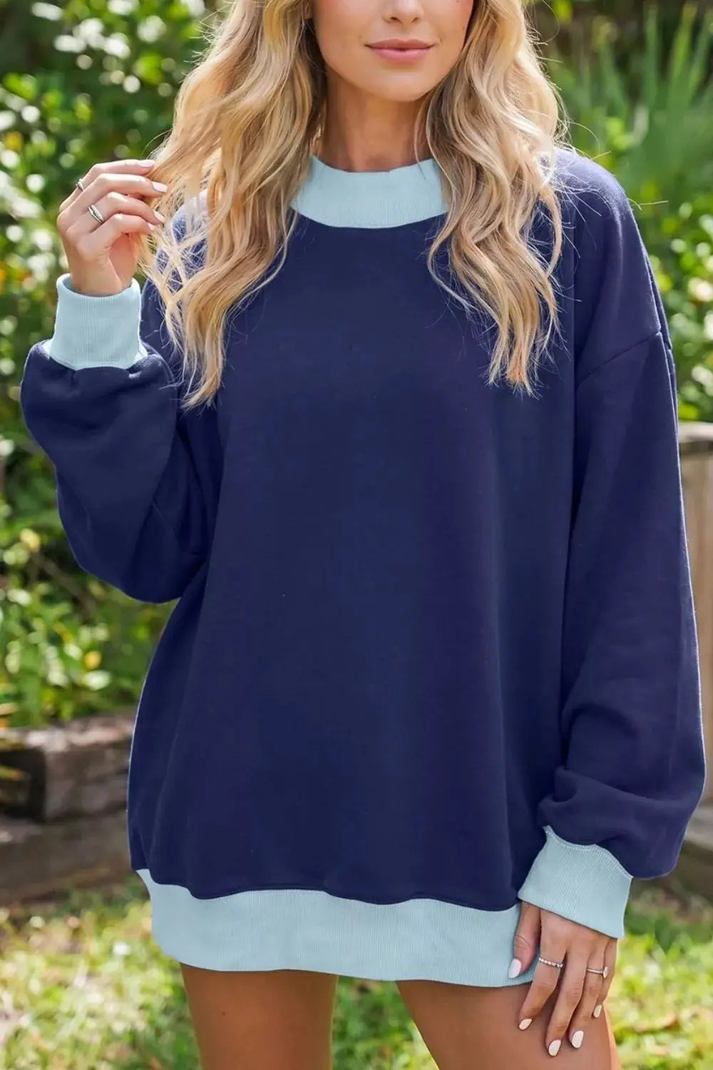Colorblock Trim Crewneck Long Sleeve Pullover Sweatshirt by Trendsi