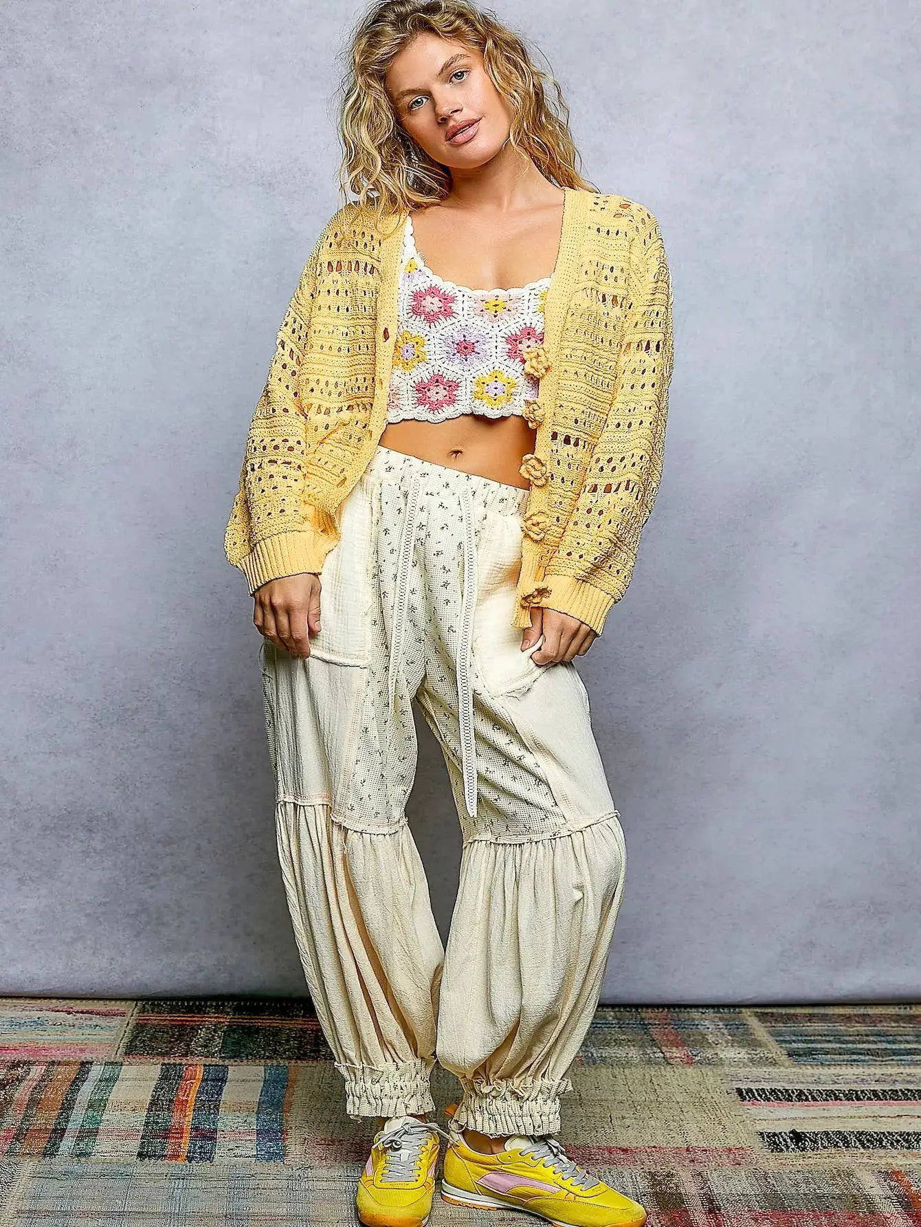 POL Open-Knit Floral Button Cardigan by Trendsi