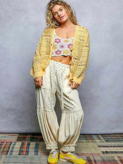 POL Open-Knit Floral Button Cardigan by Trendsi