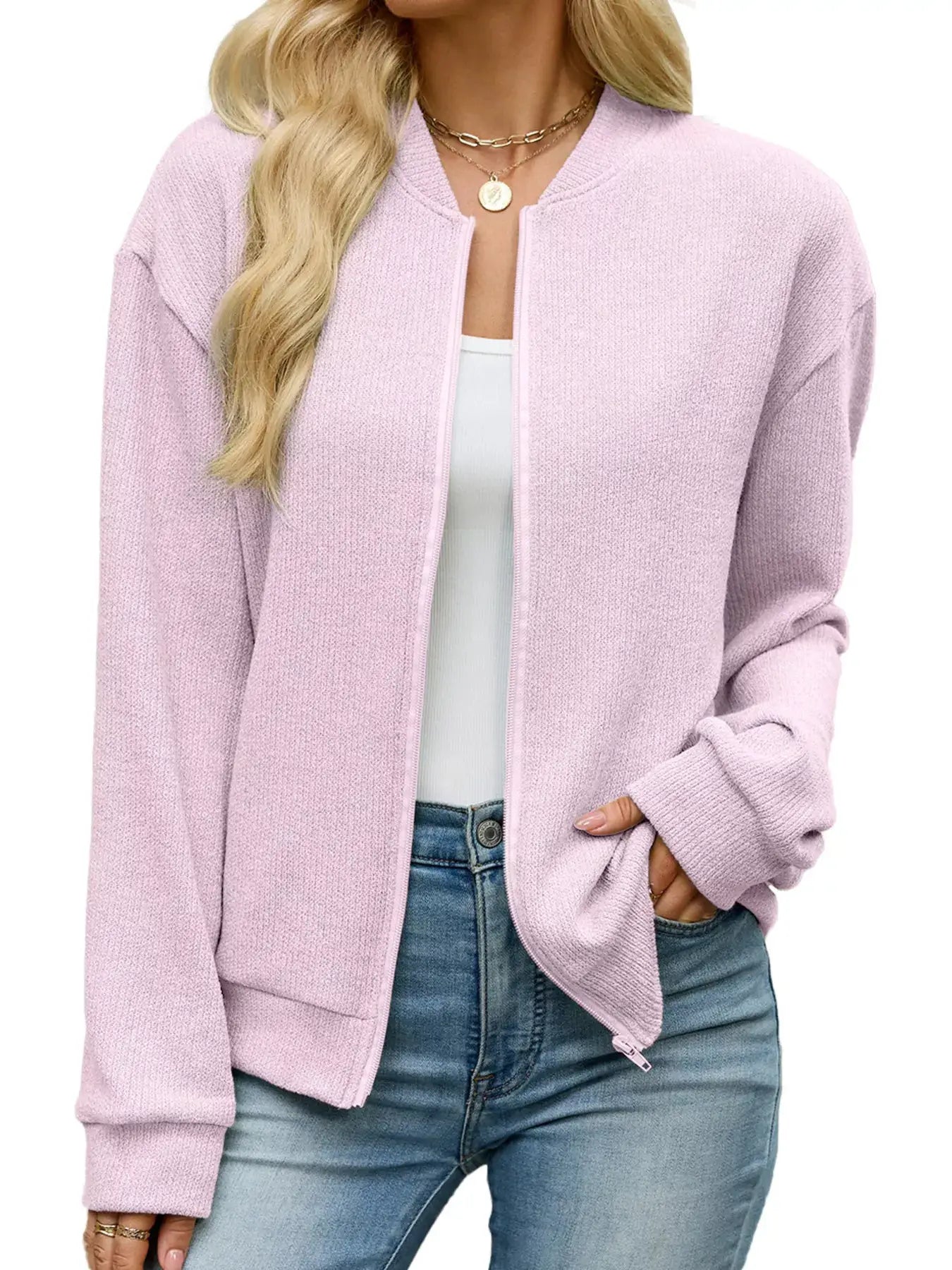 Zip-Up Dropped Shoulder Top by Trendsi