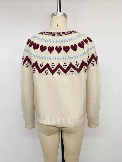 Heart-Patterned Crew Neck Sweater by Trendsi