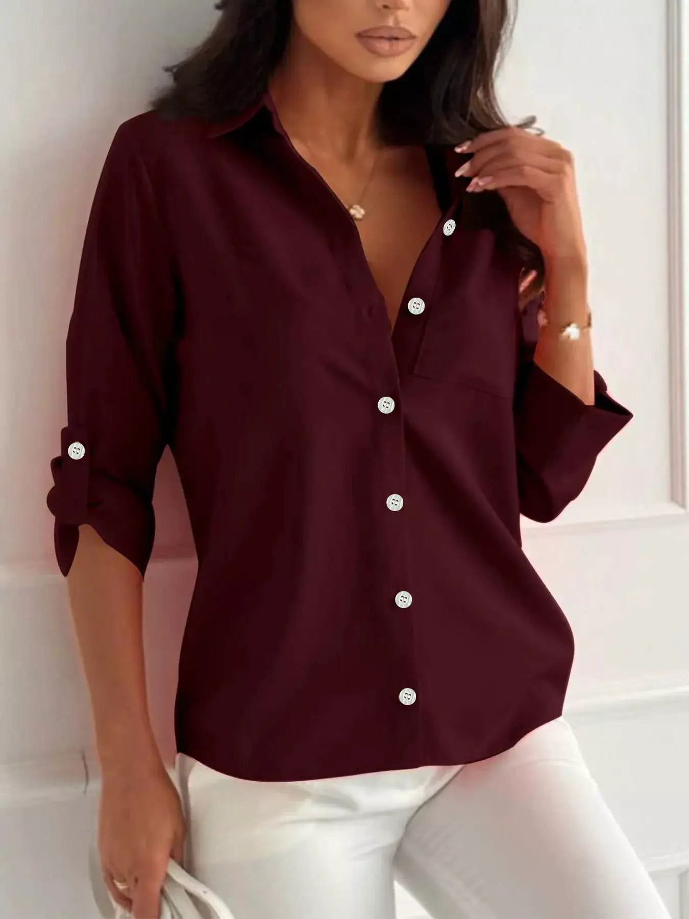 Button-Down Roll-Up Sleeve Shirt by Trendsi