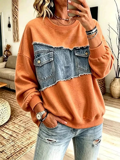 Full Size Denim Patchwork Dropped Shoulder Sweatshirt Plus Size by Trendsi
