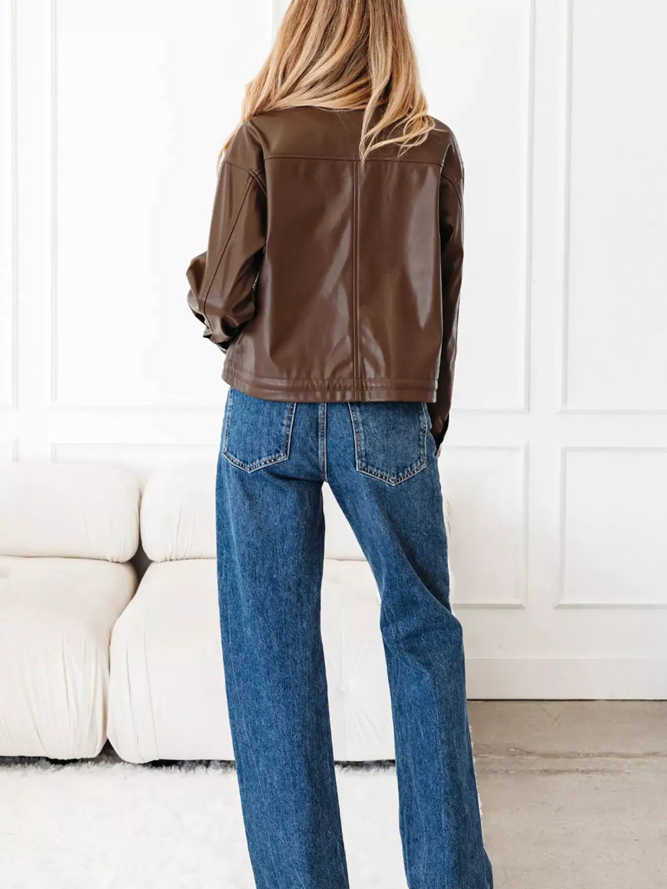 Double Flap Pocket Drawstring Hem Leather Jacket by Trendsi