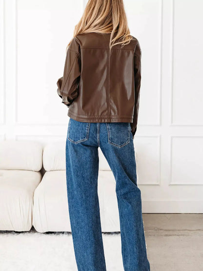 Double Flap Pocket Drawstring Hem Leather Jacket by Trendsi