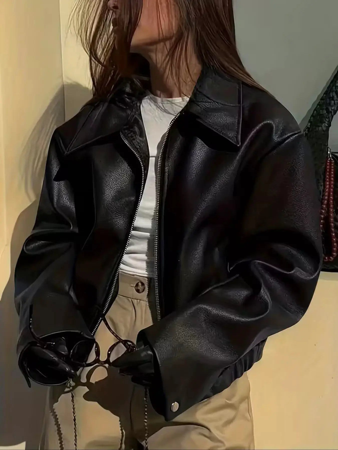 Oversized Faux Leather Zip Up Moto Jacket by Trendsi