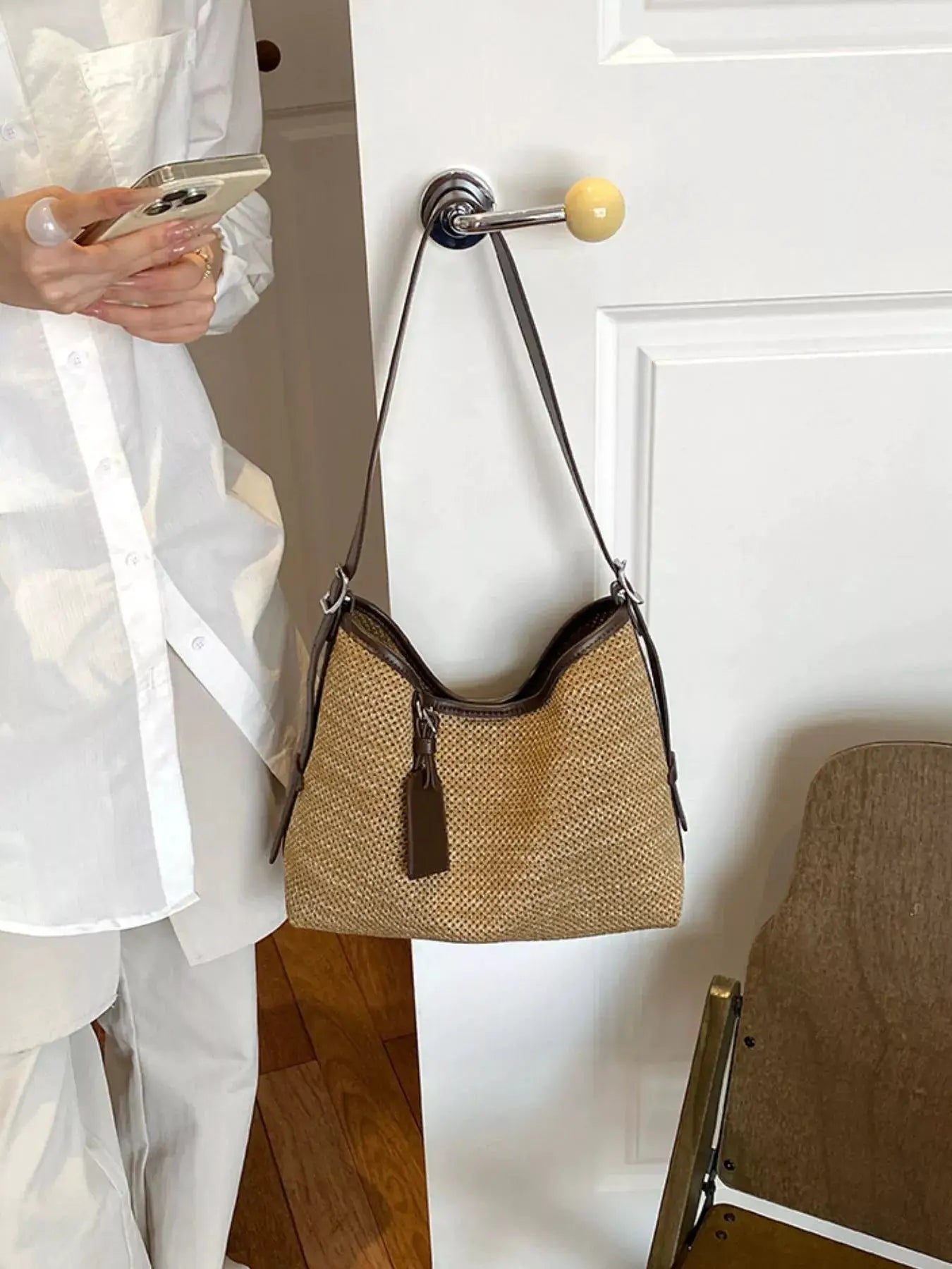 Leather Trim Woven Shoulder Bag by Trendsi
