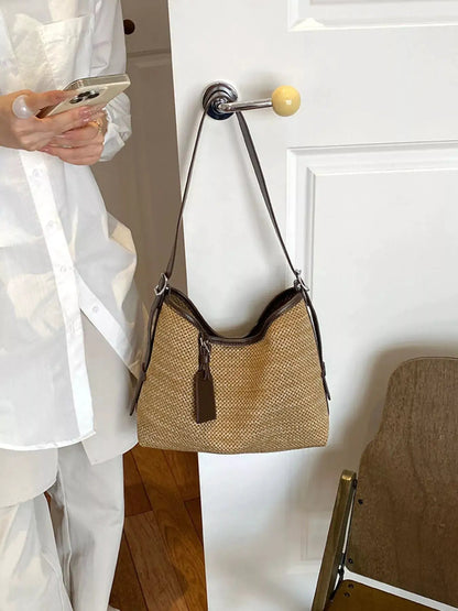 Leather Trim Woven Shoulder Bag by Trendsi