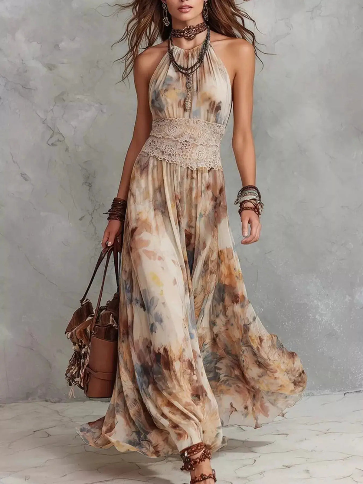 Floral Print Halter Neck Maxi Dress by Trendsi