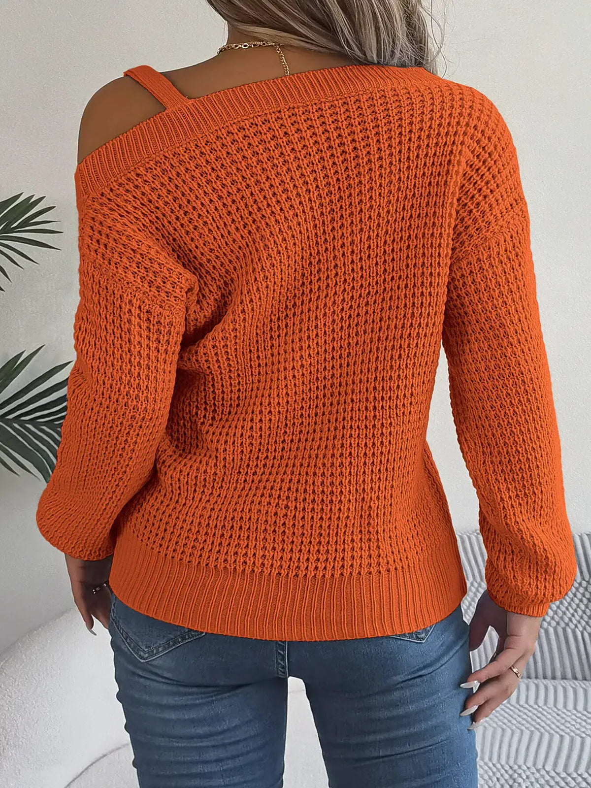 Asymmetrical Neck Long Sleeve Sweater by Trendsi