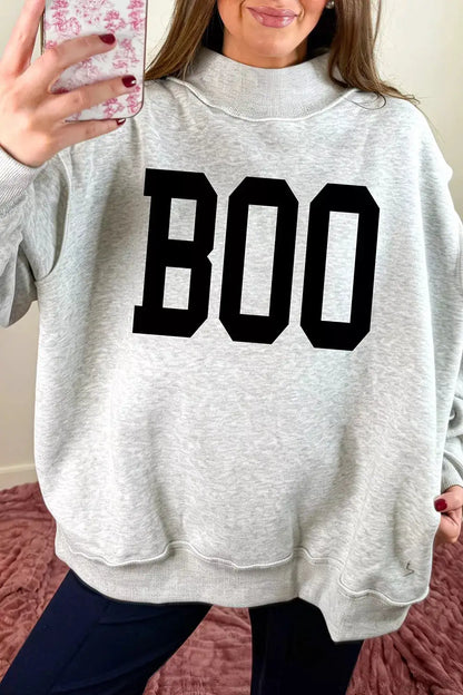 Halloween BOO & Bat Printed Reversible Mock Neck Sweatshirt by Trendsi