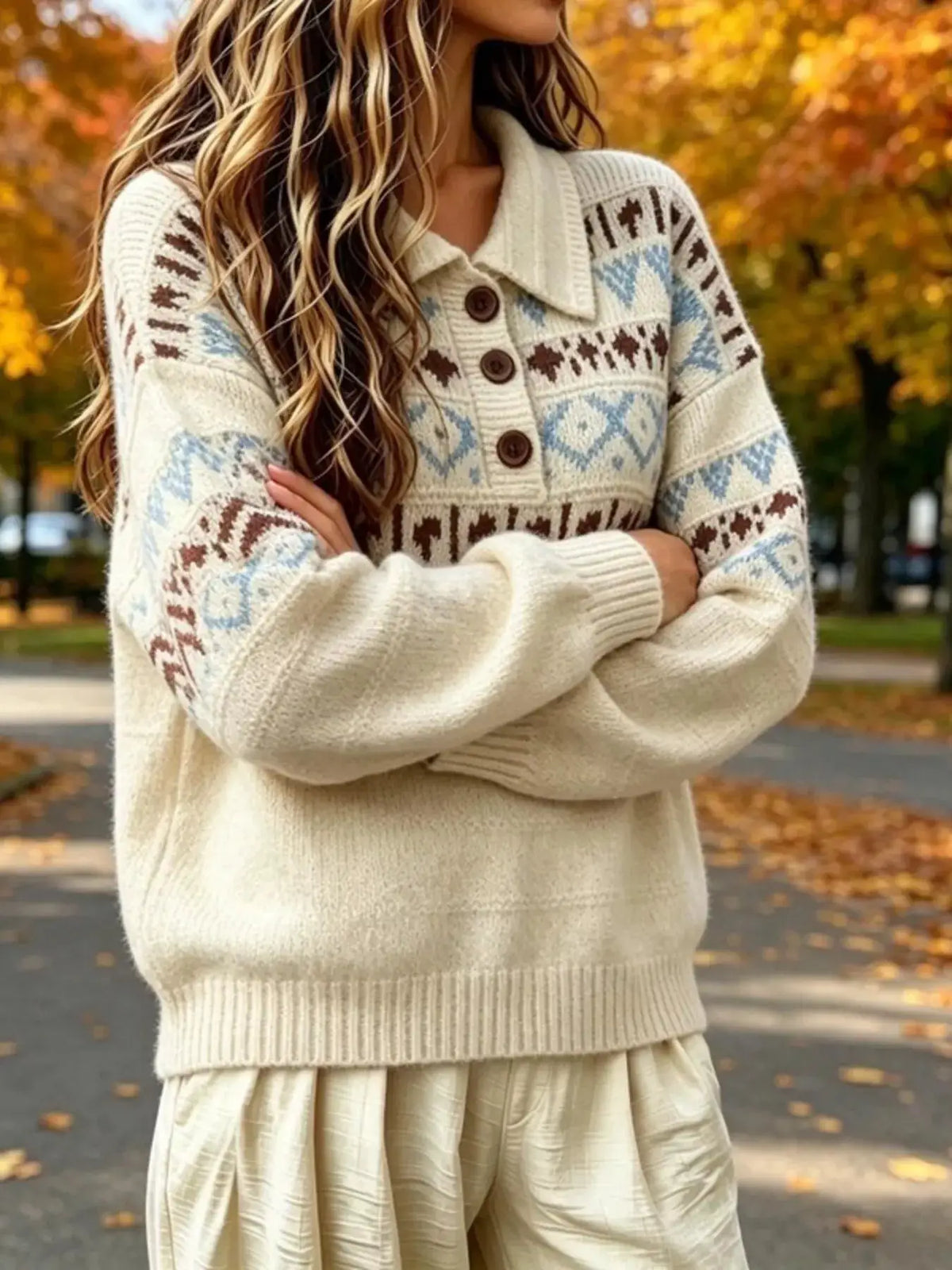 Full Size Vintage Fair Isle Pattern Polo Collar Sweater Plus Size by Trendsi