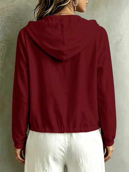 Button Detail Long Sleeve Hooded Blouse by Trendsi