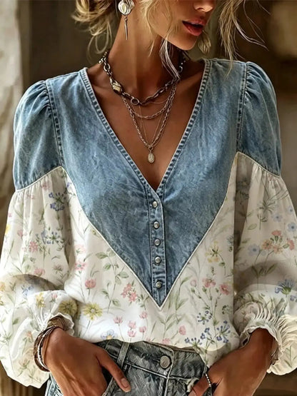 Full Size Denim Patchwork Floral Denim Top Plus Size by Trendsi