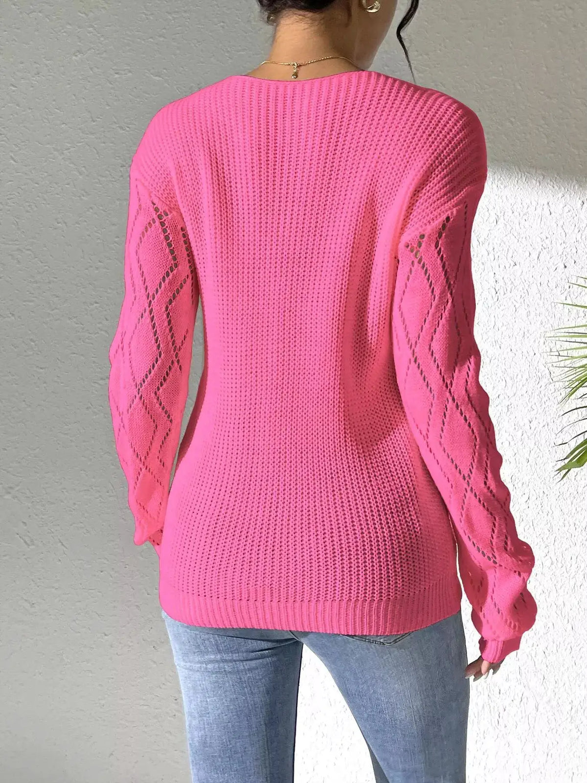 Floral Applique V-Neck Openwork Sweater by Trendsi