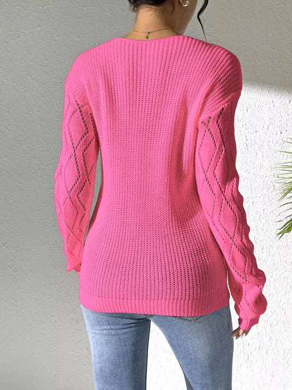 Floral Applique V-Neck Openwork Sweater by Trendsi