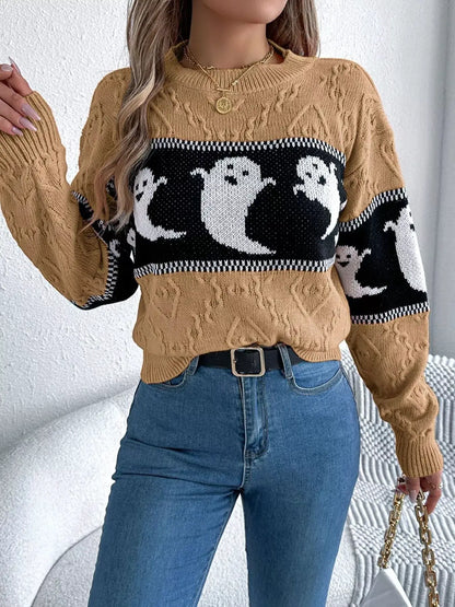 Halloween Ghost Pattern Textured Sweater by Trendsi