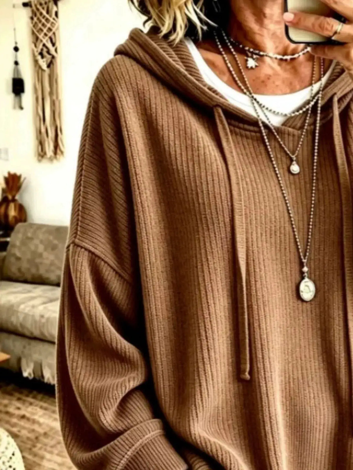 Drawstring Ribbed Knit Hoodie by Trendsi