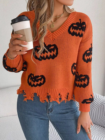 Pumpkin Distressed Hem Sweater by Trendsi