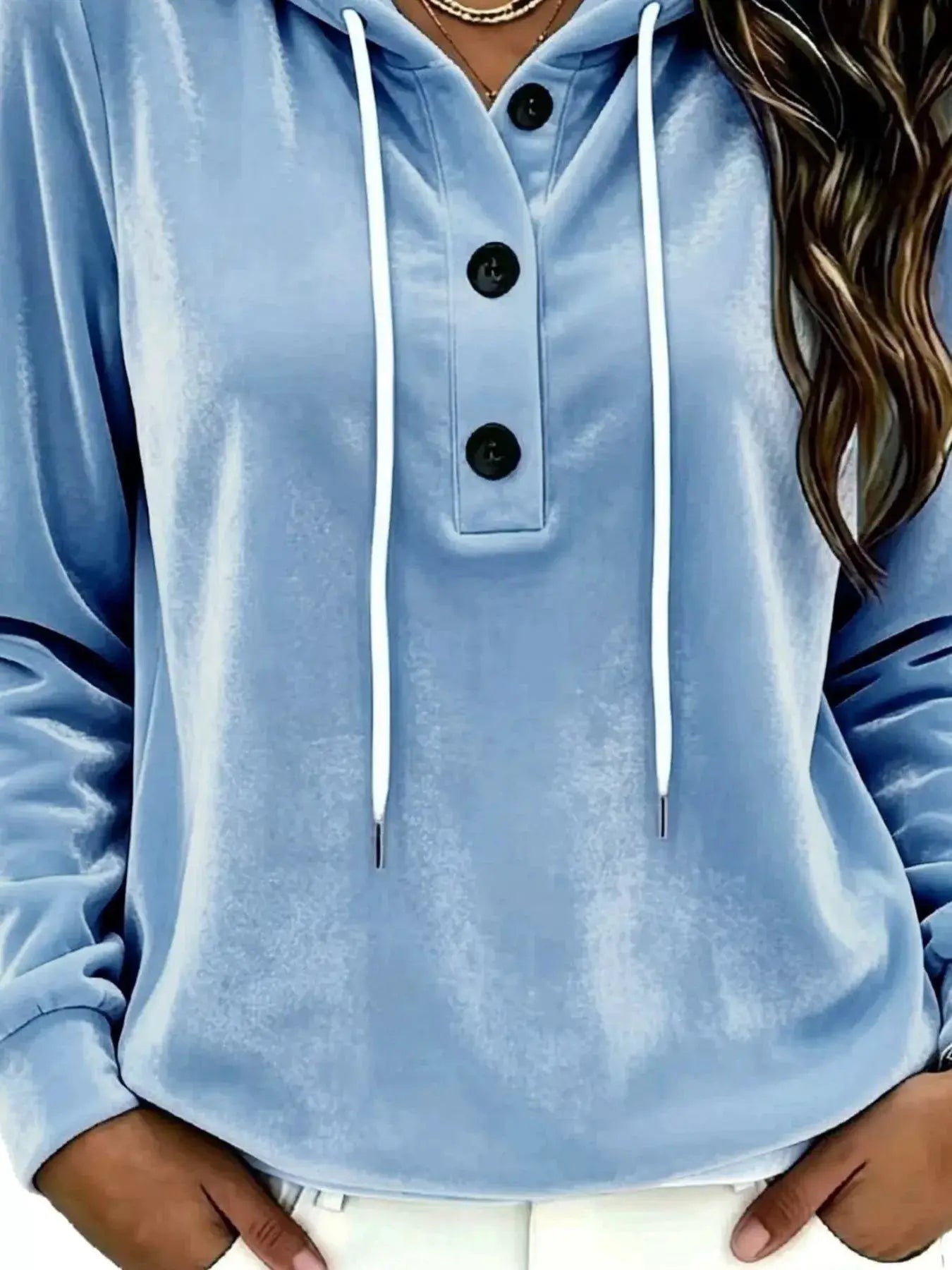Full Size Drawstring Button Detail Hoodie Plus Size by Trendsi