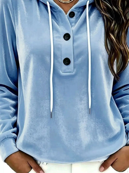 Full Size Drawstring Button Detail Hoodie Plus Size by Trendsi