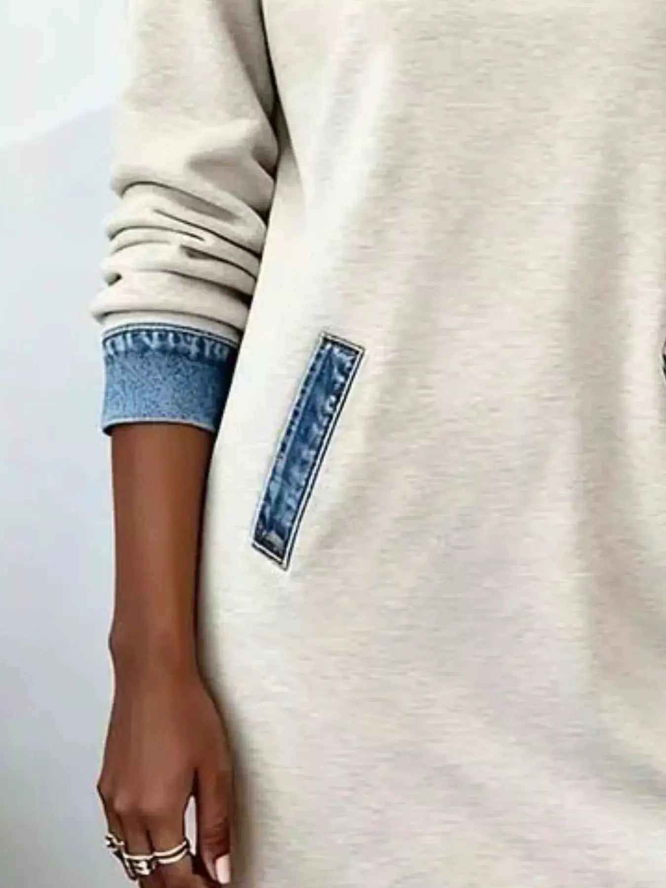 Full Size Denim Patchwork Hooded Sweatshirt Dress Plus Size by Trendsi
