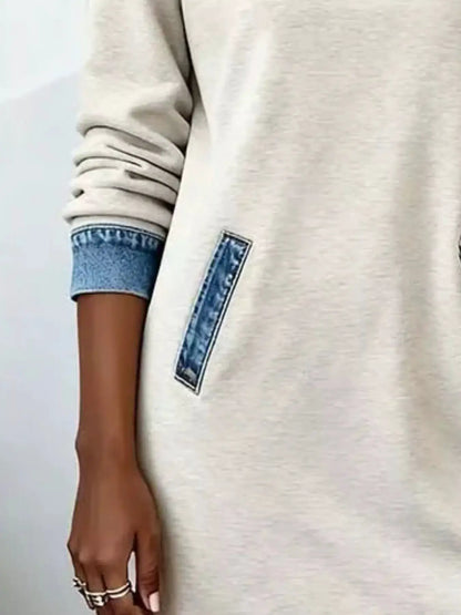 Full Size Denim Patchwork Hooded Sweatshirt Dress Plus Size by Trendsi