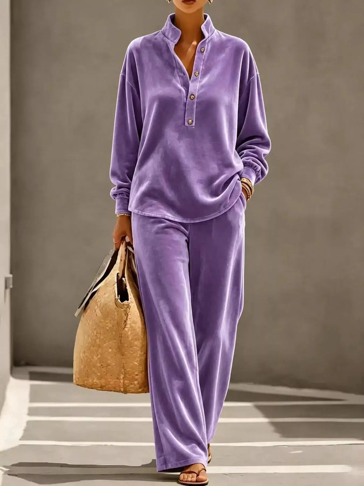 Full Size Half Button Top and Wide Leg Pants Set Plus Size by Trendsi