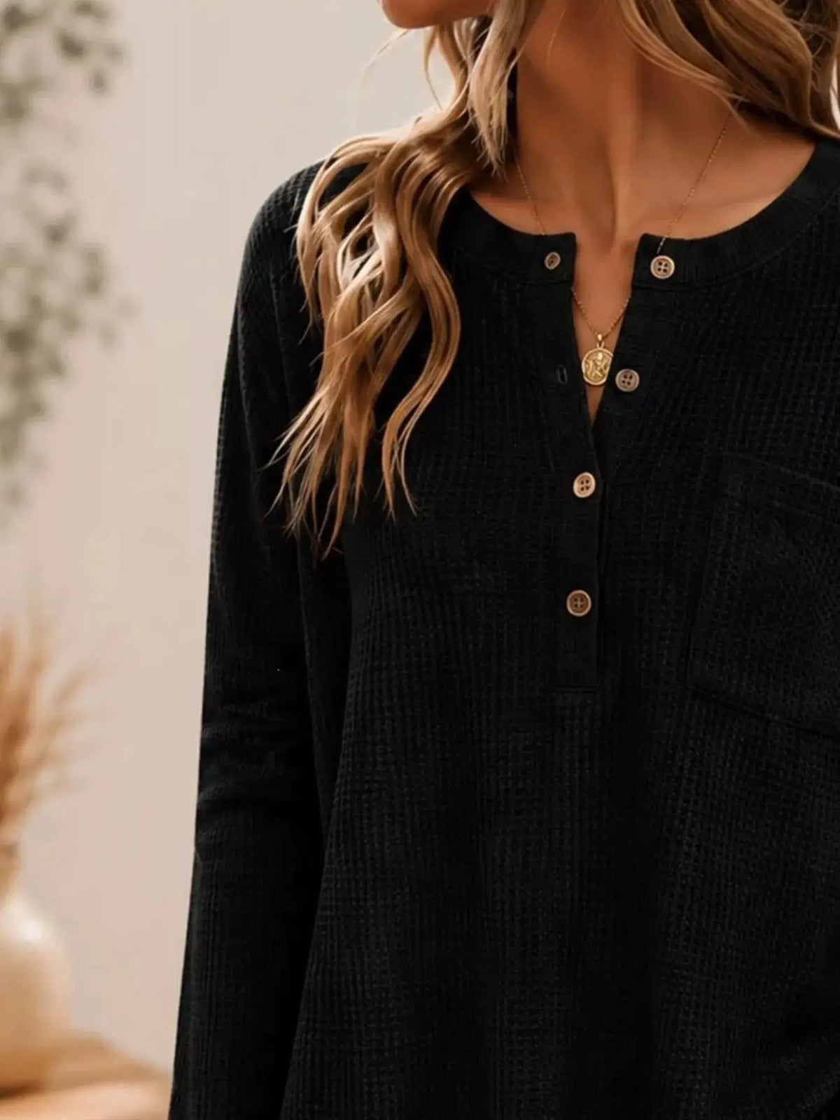 Waffle Knit Button Detail Top by Trendsi