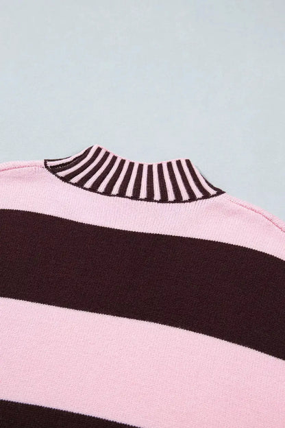 Stripe Contrast High Neck Dropped Shoulder Relaxed Sweater by Trendsi