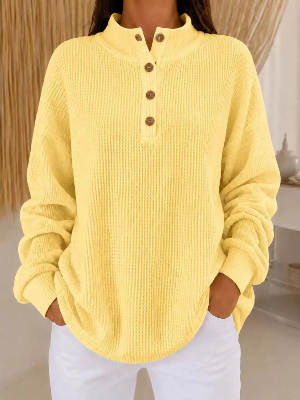 Full Size Waffle Knit Button Detail Sweatshirt Plus Size by Trendsi