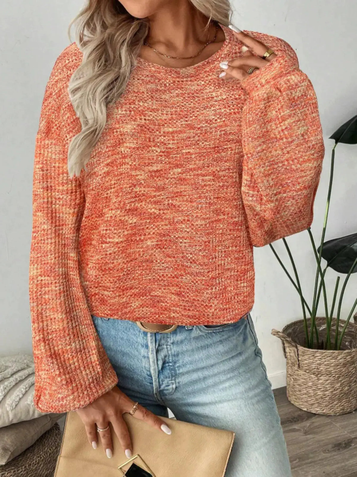 Space-Dyed Long Sleeve Waffle-Knit Top by Trendsi