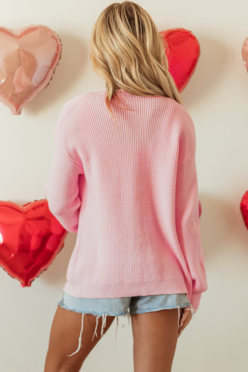 Pink Ribbed Knit Scalloped Edge Side Pockets Buttoned Cardigan