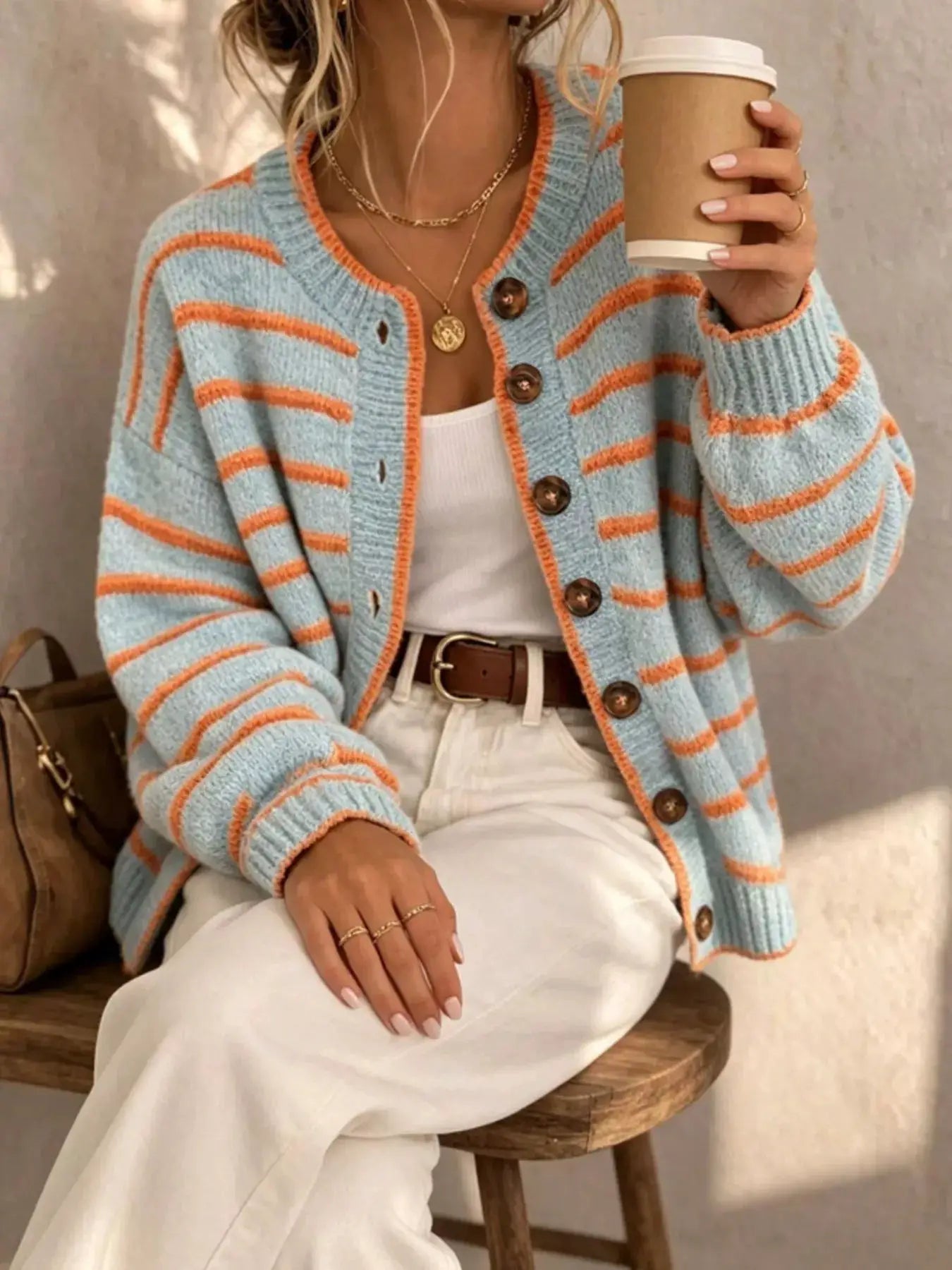 Striped Button-Down Knit Cardigan by Trendsi