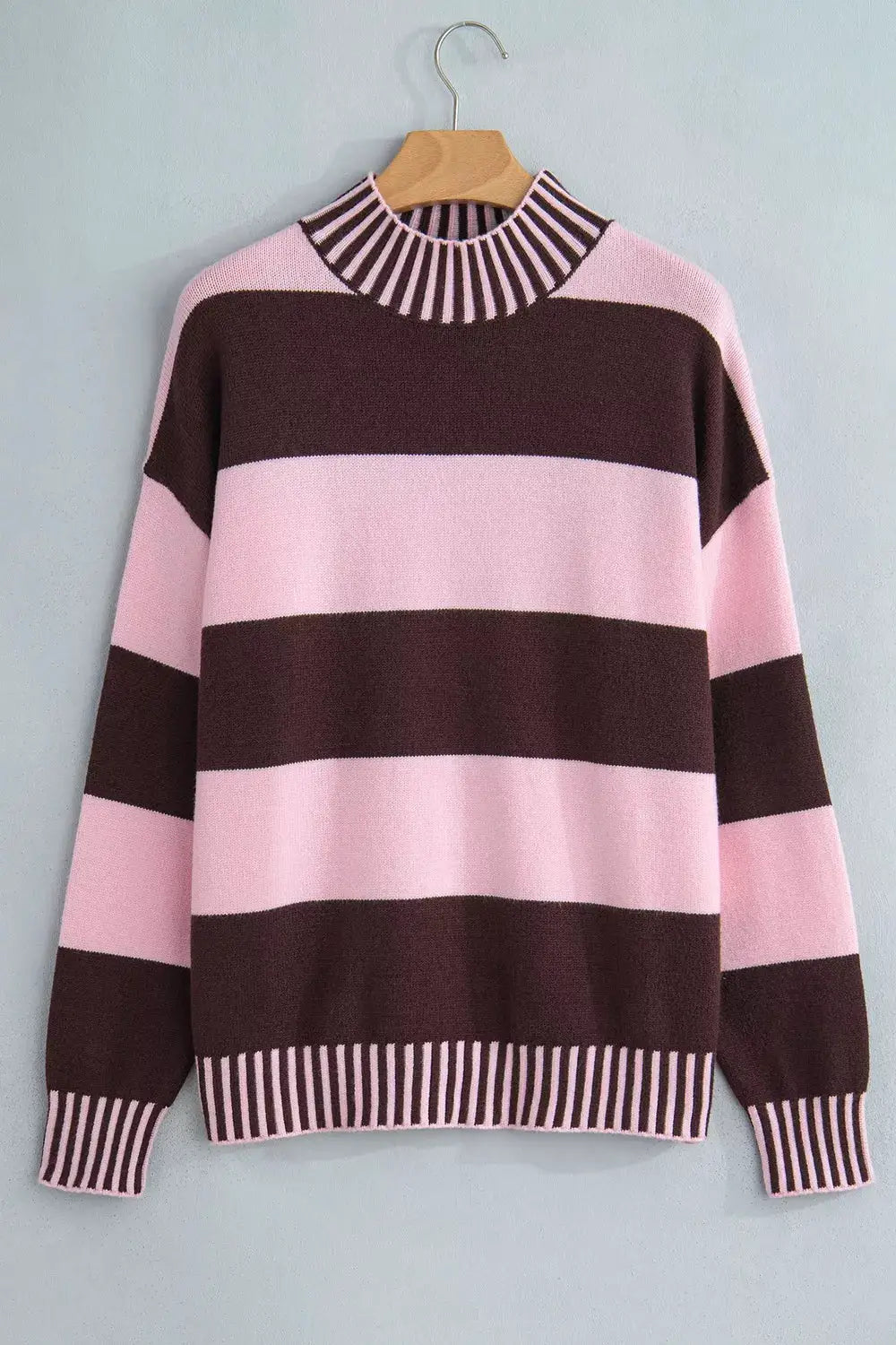 Stripe Contrast High Neck Dropped Shoulder Relaxed Sweater by Trendsi