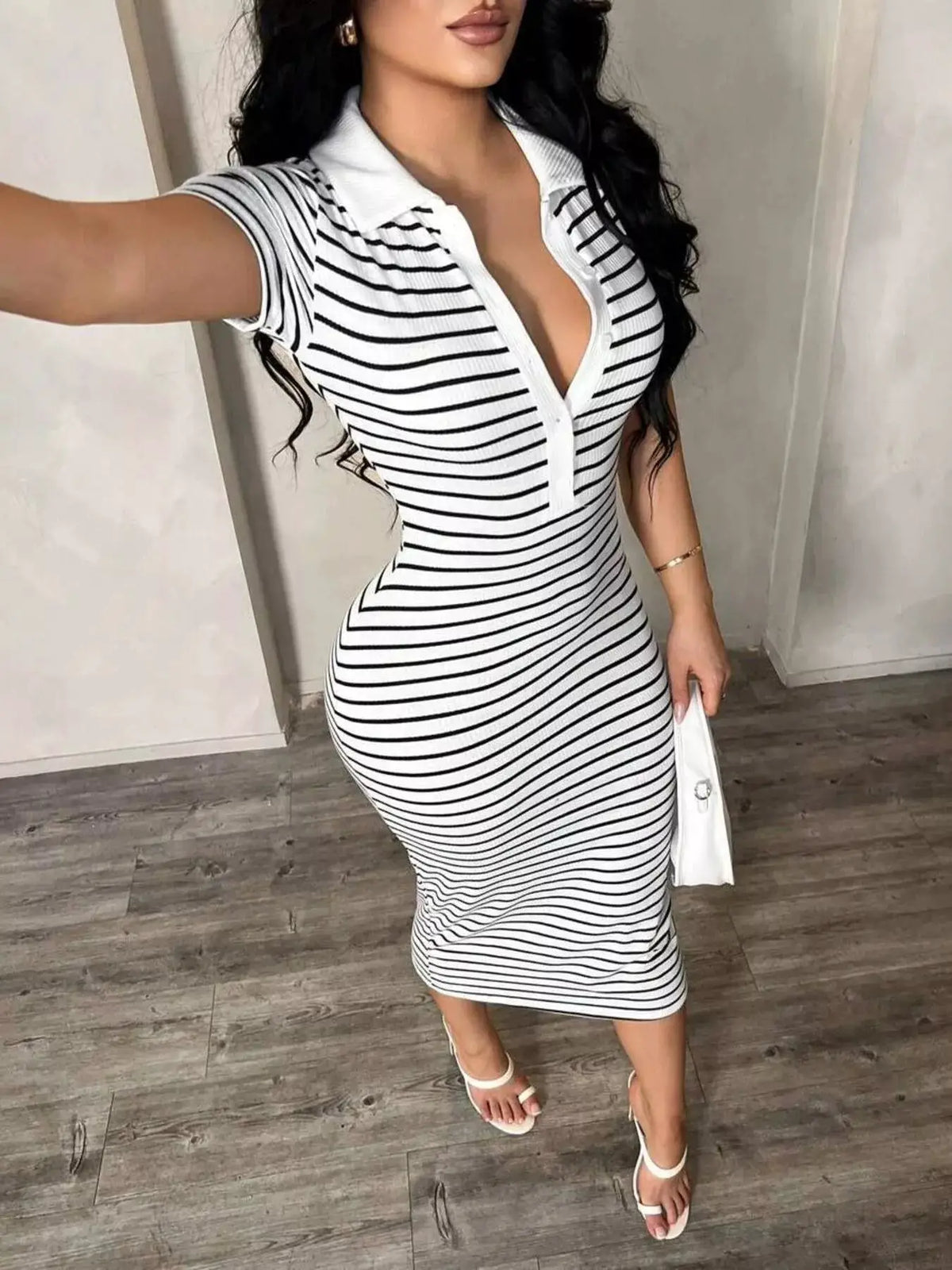 Striped Short Sleeve Bodycon Midi Dress by Trendsi