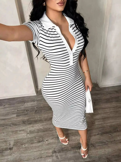 Striped Short Sleeve Bodycon Midi Dress by Trendsi